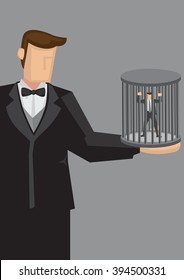 Cartoon giant man holds a human cage with a tiny businessman trapped inside. Vector illustration on concept of being held captive by greater force isolated on grey background.