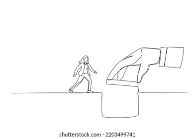 Cartoon of giant manager hand help connect missing piece as the bridge for businesswoman worker to cross the gap. One continuous line art style
