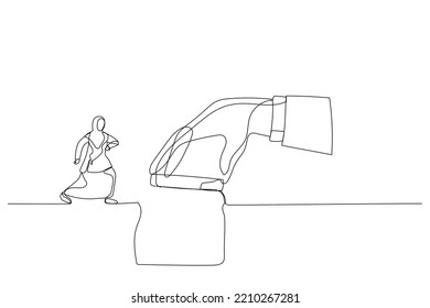 Cartoon of giant manager hand help connect missing piece as the bridge for muslim businesswoman worker to cross the gap. One continuous line art style

