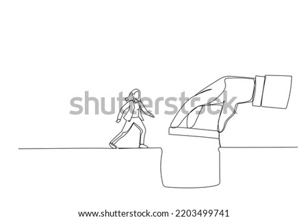 Cartoon of giant manager hand help connect missing piece as the bridge for businesswoman worker to cross the gap. One continuous line art style
