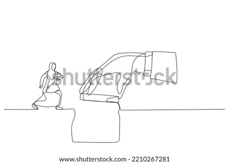 Cartoon of giant manager hand help connect missing piece as the bridge for muslim businesswoman worker to cross the gap. One continuous line art style
