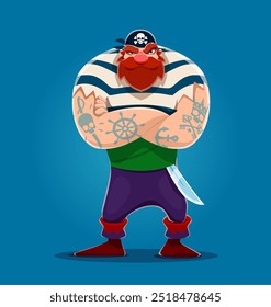 Cartoon giant pirate sailor character with striped shirt, tattoos and a sword. Isolated vector corsair personage has a fierce expression, crossed arms, and a bold stance, ready for maritime adventures