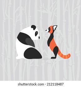 Cartoon Giant and Red Panda with bamboo