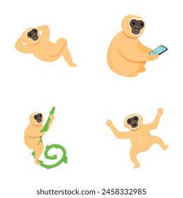 Cartoon gibbon icons set cartoon vector. Gibbon primate, mammal. Monkey, wildlife