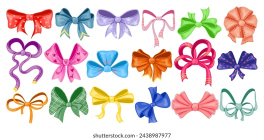 Cartoon gift bows. Decorative ribbons. Holiday box tying. Cute bowknots. Birthday party presents packaging. Holiday celebration. Satin accessories. Curling silk bands