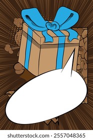 Cartoon Gift Box with blank speech bubble, comic book holiday background. Retro vector comics pop art design.