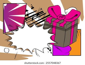 Cartoon Gift Box with blank speech bubble, comic book holiday background. Retro vector comics pop art design.