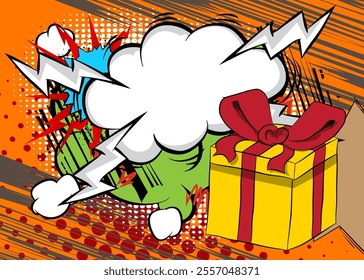 Cartoon Gift Box with blank speech bubble, comic book holiday background. Retro vector comics pop art design.
