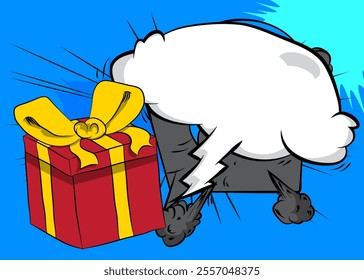 Cartoon Gift Box with blank speech bubble, comic book holiday background. Retro vector comics pop art design.