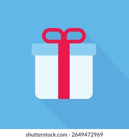 Cartoon gift box with blue lid, white base, and red ribbon tied in a bow, illustrated in a flat and minimal style for holiday, celebration, or children’s content.