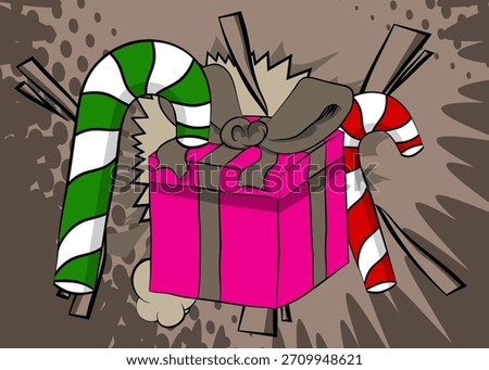 Cartoon Gift Box and Candy cane, comic book Christmas. Retro vector comics pop art design.