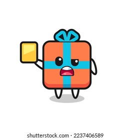 cartoon gift box character as a football referee giving a yellow card , cute style design for t shirt, sticker, logo element
