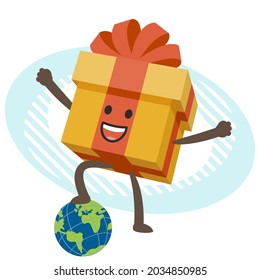 Caricatura con caja de regalo que mantiene su pie sobre el planeta. Ilustración vectorial.