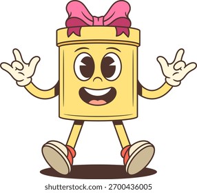 Cartoon gift box character mascot vector illustration. Making a rock hand gesture wearing red sneakers with pink bow. Perfect for advertising promotions, festive events, and holiday emoji stickers