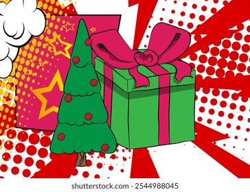 Cartoon Gift Box and Christmas decorated pine tree, comic book holiday celebration. Retro vector comics pop art design.