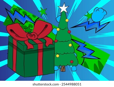 Cartoon Gift Box and Christmas decorated pine tree, comic book holiday celebration. Retro vector comics pop art design.