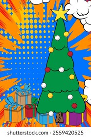 Cartoon Gift Box and Christmas decorated pine tree, comic book Celebration Retro vector comics pop art design.