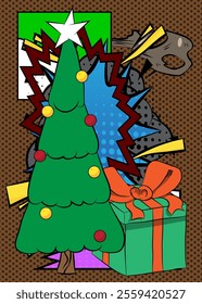 Cartoon Gift Box and Christmas decorated pine tree, comic book Celebration Retro vector comics pop art design.