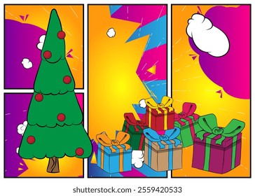 Cartoon Gift Box and Christmas decorated pine tree, comic book Celebration Retro vector comics pop art design.