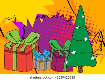 Cartoon Gift Box and Christmas decorated pine tree, comic book Celebration Retro vector comics pop art design.