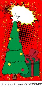 Cartoon Gift Box and Christmas decorated pine tree with blank speech bubble, comic book Holiday background. Retro vector comics pop art design.