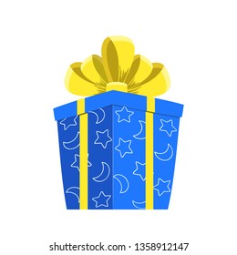 Cartoon gift box. Christmas present, gifting box and xmas present winter holidays or birthday party gift sign. Secret boxing with surprises, greeting giftbox decor vector isolated icon