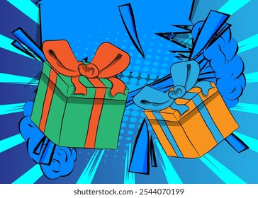 Cartoon Gift Box, comic book Holiday surprise. Retro vector comics pop art design.