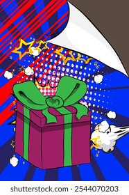 Cartoon Gift Box, comic book Holiday surprise. Retro vector comics pop art design.