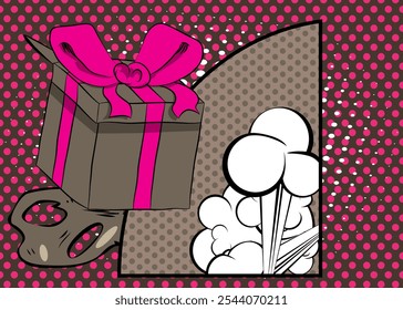 Cartoon Gift Box, história em quadrinhos Holiday surpresa. Quadrinhos vetoriais retrô com design de arte pop.