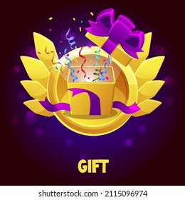 Cartoon gift box with confetti with golden wings for the game.