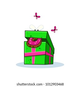 Cartoon gift box eating donut on white background. Vector image to create original web games or graphic design