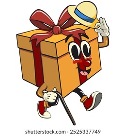 cartoon gift box gold with a red ribbon isolated vector illustration carrying a stick and saluting with raised hat, the concept of birthday, Christmas, new year, work of hand drawn