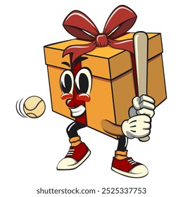 caixa de presente de desenho animado ouro com uma fita vermelha ilustração vetor isolado jogando beisebol pronto para bater a bola com o bastão, o conceito de aniversário, Natal, ano novo, trabalho de mão desenhada