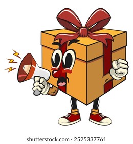 cartoon gift box gold with a red ribbon isolated vector illustration shouting with a loudspeaker, the concept of birthday, Christmas, new year, work of hand drawn