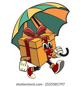 Caja de regalo de dibujos animados de oro con una cinta roja Ilustración vectorial aislada caminando con un paraguas, el concepto de cumpleaños, Navidades, año nuevo, trabajo de dibujado a mano