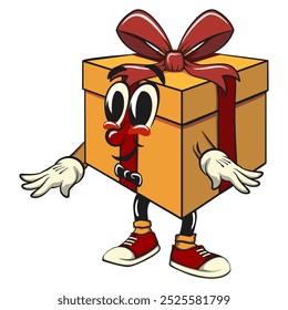 cartoon gift box gold with a red ribbon isolated vector illustration in a bow tie and feeling cool, the concept of birthday, Christmas, new year, work of hand drawn