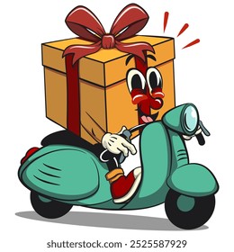 cartoon gift box gold with a red ribbon isolated vector illustration riding a scooter, the concept of birthday, Christmas, new year, work of hand drawn