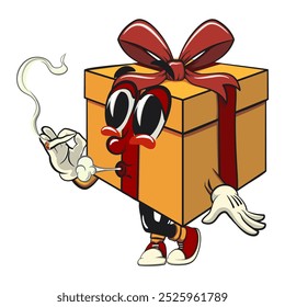 Caja de regalo de dibujos animados oro con una cinta roja Ilustración vectorial aislada humo con calma, el concepto de cumpleaños, Navidades, año nuevo, trabajo de dibujado a mano