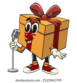 caixa de presente de desenho animado ouro com uma fita vermelha ilustração vetor isolado na frente do microfone tornar-se um comediante stand-up, o conceito de aniversário, Natal, ano novo, trabalho de mão desenhada