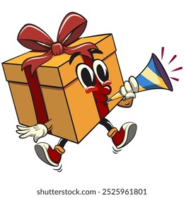 cartoon gift box gold with a red ribbon isolated vector illustration blow the party horn, the concept of birthday, Christmas, new year, work of hand drawn