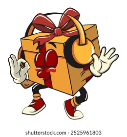cartoon gift box gold with a red ribbon isolated vector illustration listening to headset while dancing, the concept of birthday, Christmas, new year, work of hand drawn