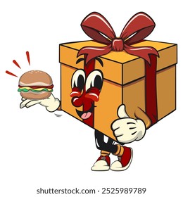 cartoon gift box gold with a red ribbon isolated vector illustration carrying a burger while giving a thumbs up, the concept of birthday, Christmas, new year, work of hand drawn