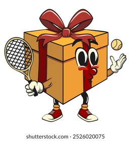 cartoon gift box gold with a red ribbon isolated vector illustration playing tennis, the concept of birthday, Christmas, new year, work of hand drawn