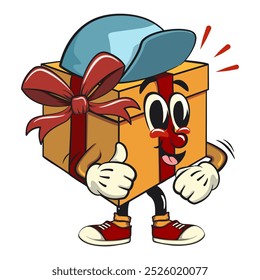 cartoon gift box gold with a red ribbon isolated vector illustration wearing a baseball cap while giving a thumbs up, the concept of birthday, Christmas, new year, work of hand drawn