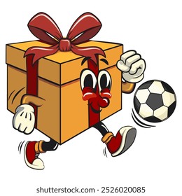 cartoon gift box gold with a red ribbon isolated vector illustration playing football soccer, the concept of birthday, Christmas, new year, work of hand drawn