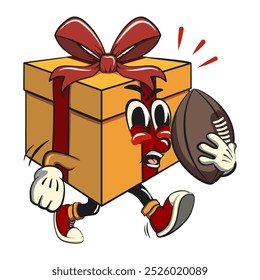 cartoon gift box gold with a red ribbon isolated vector illustration playing rugby and american football, the concept of birthday, Christmas, new year, work of hand drawn