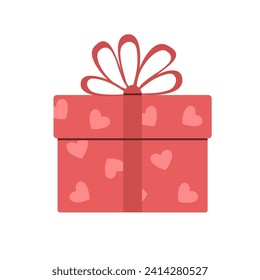 Cartoon gift box with hearts on white background. Valentine's day. Flat vector illustration.