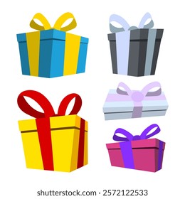 Cartoon gift box icon set. Flat style. Gifts and presents for holiday celebration and special sales offer. Box with wrapping paper and ribbon bow. Vector illustration isolated on white background.
