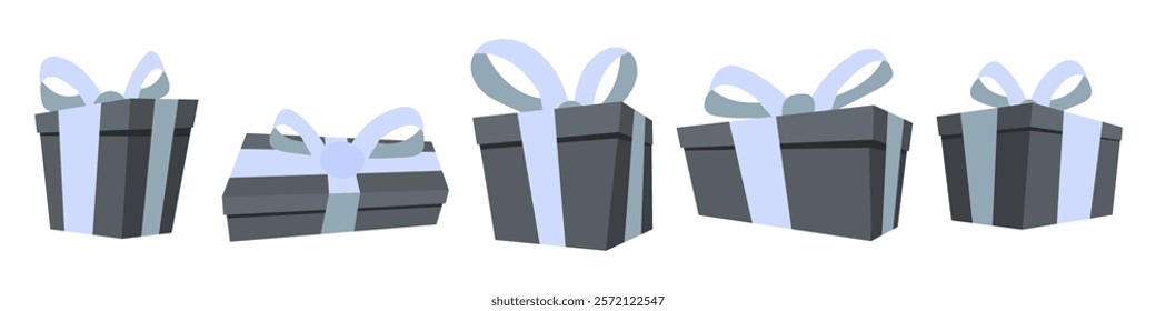 Cartoon gift box icon set. Flat style. Gifts and presents for holiday celebration and special sales offer. Box with wrapping paper and ribbon bow. Vector illustration isolated on white background.