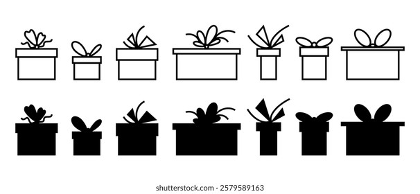 Cartoon gift box icon set. Gifts and presents for holiday celebration and special sales offer. Box with ribbon bow. Vector illustration isolated on white background.